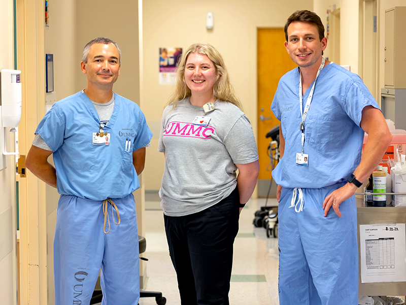 From left are nurse practitioner Tripp Purviance, LPN Hannah Taylor, and Dr. Spencer Montgomery, assistant professor of orthopaedic surgery at University Physicians Orthopaedics.